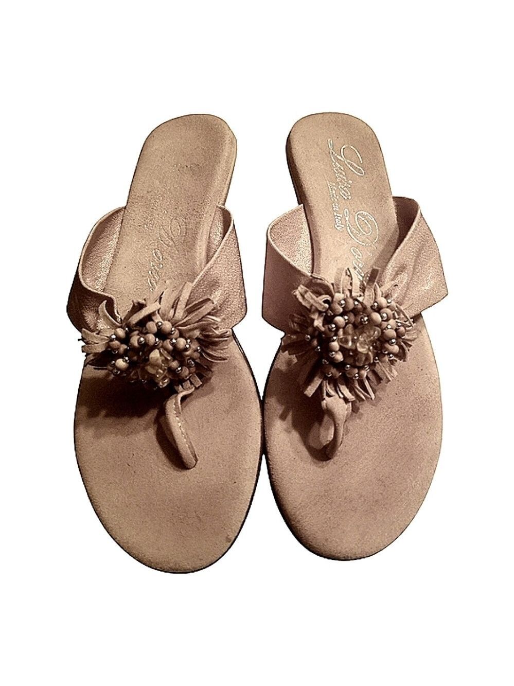Tan Thong Sandals with Floral Embellishment Made In Italy